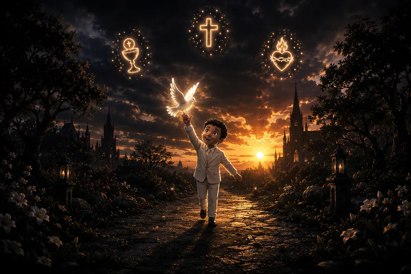 Ilustración de un niño celebrando su Primera Comunión al atardecer